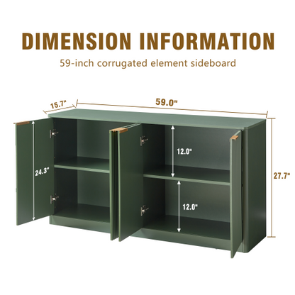 59 Inch Green Wavy Curved Sideboard 4-Door Large Load-Bearing MDF Storage Cabinet Multi-Purpose Household Console Cabinet