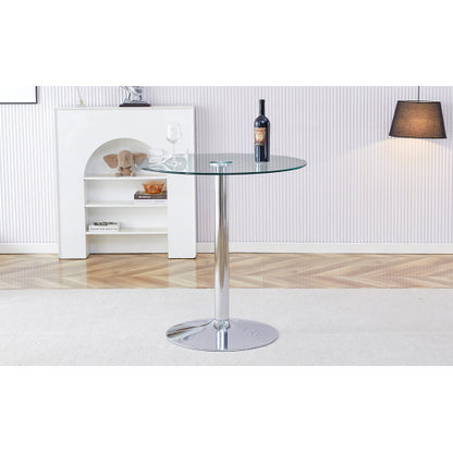 A glass tabletop with a diameter of 35 inches and a modern minimalist circular dining table with electroplated silver metal legs. Suitable for restaurants, living rooms, and conference rooms.