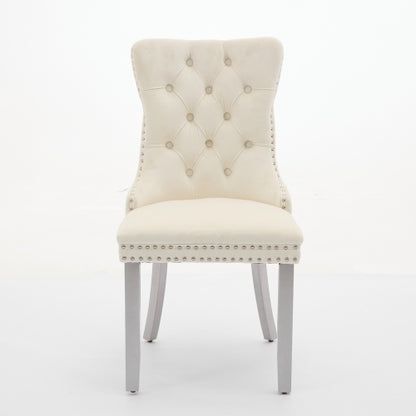 Set of 2 Milky White Mid-Century Velvet Tufted Dining Chairs, Solid Wood Leg Nailhead Trim 280lbs Weight Capacity