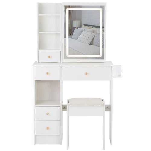 29.2" Small Size Drawer Desktop Vanity Table + Cushioned Stool, 2 AC+2 USB Power Station, Hair dryer bracket, Extra Large Touch Control Sliding LED Mirror, 3-color Switching, EPA, GCC, UL Certificate