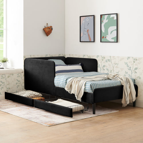 Black Twin-Size Upholstered Convertible Platform Sofa-Bed Frame with 2 Storage Drawers