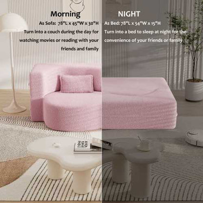 Pink Full-Size Sherpa Fleece Convertible Floor Sofa Bed, 2 Pillows, No Assembly