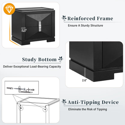 Mid-Century Modern Nightstand, 2 Drawers Wide Sofa Side Table,Wood Diamond Shaped End Table with Storage,Closet with Heavy Duty Base,Small Bedside Table for Bedroom,Living Room,Entrance,Black