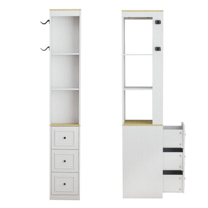 73 Inch Tall Slim Antique White Storage Cabinet 3 Drawers & Side Hooks Home Display Bookcase