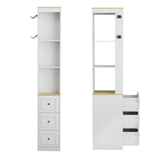 73 Inch Tall Slim Antique White Storage Cabinet 3 Drawers & Side Hooks Home Display Bookcase