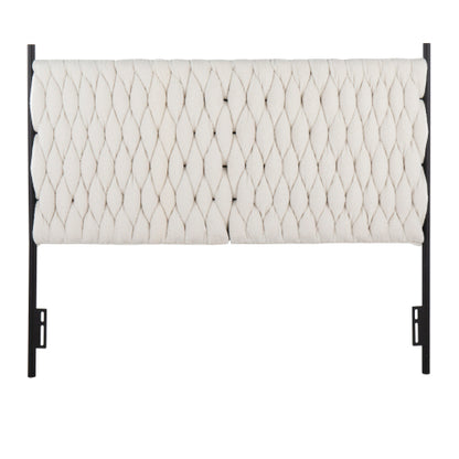 Braided Queen Size Headboard in Black Metal and Cream Sherpa Fabric by