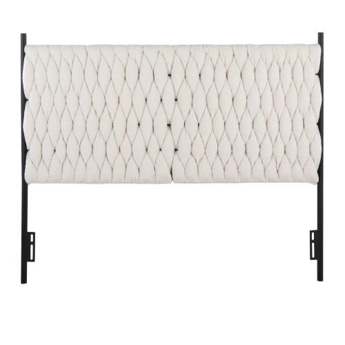 Braided Queen Size Headboard in Black Metal and Cream Sherpa Fabric by