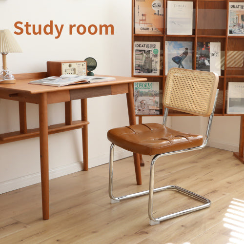 Set of 2 Brown Faux Leather Rattan Breuer Dining Chairs, Chrome Cantilever Legs, Mid Century Side Chairs for Dining & Living Room