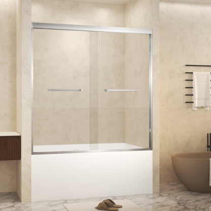 56-60" x 60" Tempered Glass with Explosion Proof Film, Aluminum Frame Double Sliding Shower Door, "1/4 (6 mm), Stainless Steel handle,Brushed Nickel