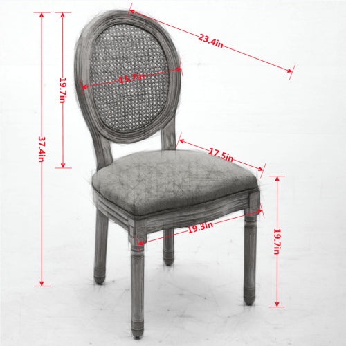 Set of 2 Gray French Solid Wood Rattan Back Dining Chairs, Antique Carved Frame 300 LBS Capacity