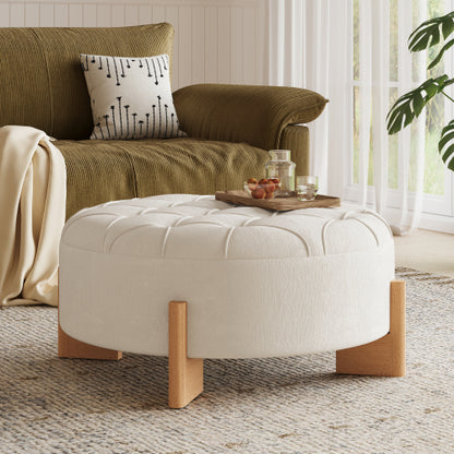 Beige Round Chenille Tufted Ottoman, 32 Inch Button Tuft Footrest with L-Shaped Rubberwood Legs, 250 LBS Capacity