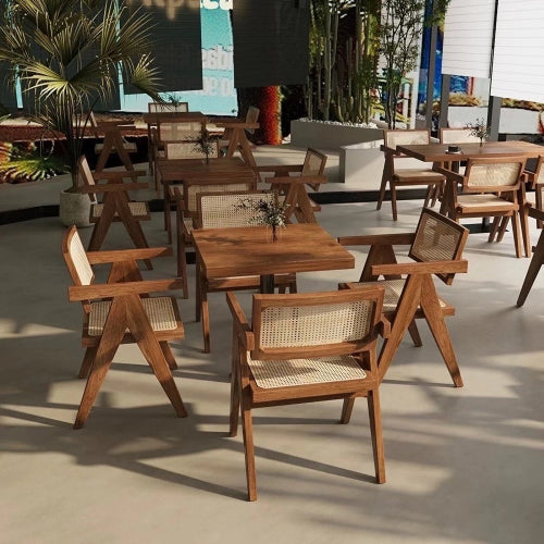 Modern Mid Century Rattan Accent Dining Chair with Armrests, Brown Finish for Living Room & Dining Room