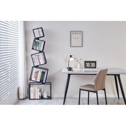 Black 5-Tier Geometric Metal Bookshelf Modern Slanted Design Space-Saving Living Room Office Storage Rack