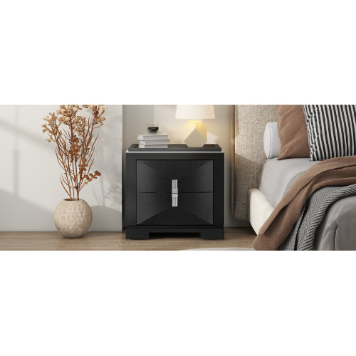 Mid-Century Modern Nightstand, 2 Drawers Wide Sofa Side Table,Wood Diamond Shaped End Table with Storage,Closet with Heavy Duty Base,Small Bedside Table for Bedroom,Living Room,Entrance,Black