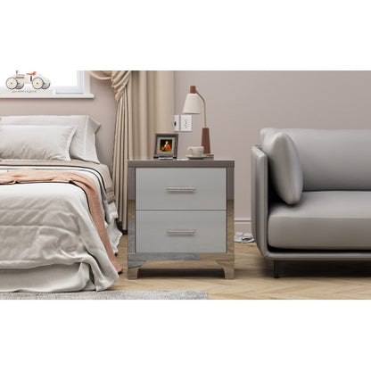 High Gloss Mirrored Nightstand with 2 Drawers,Modern End Table with Drawers,Mirrored High Gloss Wood Nightstand Metal Handle Bedside End Table for Bedroom, Dorm,Living Room,Grey