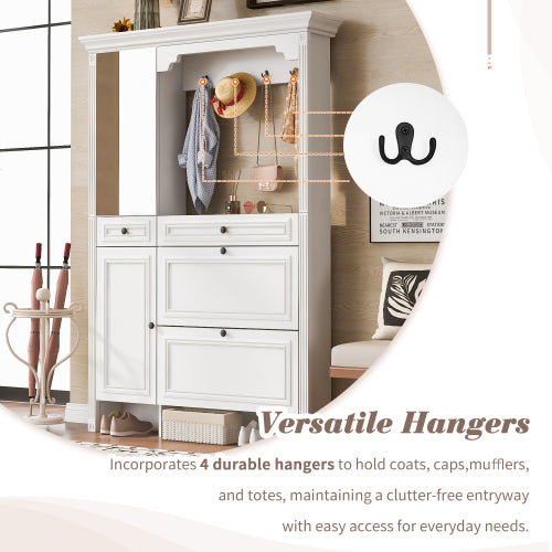 54.7 inch Hall Tree with Integrated Shoe Cabinet and Mirrored Cabinet Door, Coat Hanger, Entryway Bench, 4-in-1 Design, 2 Flip Drawers, 4 Hooks and 2 Cabinets for Entrance,Living Room