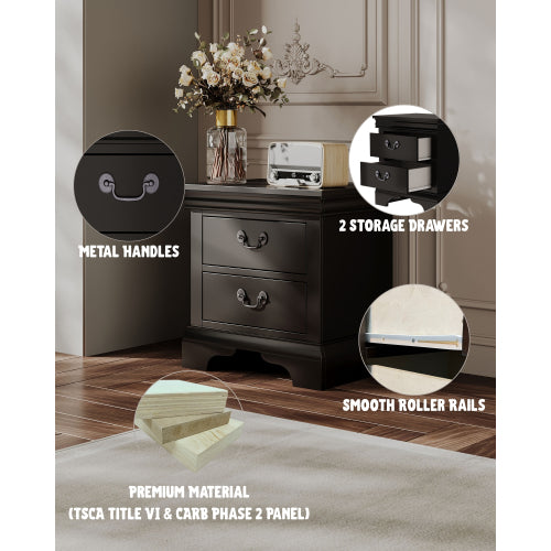 Classic 2-Drawer Solid Wood Nightstand, 22inchL, Antique Metal Pulls