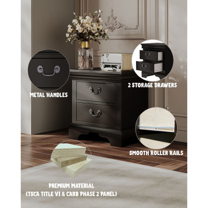 Classic 2-Drawer Solid Wood Nightstand, 22inchL, Antique Metal Pulls