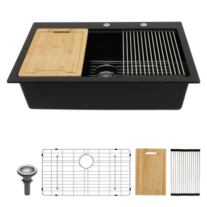 Quartz Kitchen Sink - 33"x22"x9.65" Black granite composite Workstation Drop-in kitchen sink