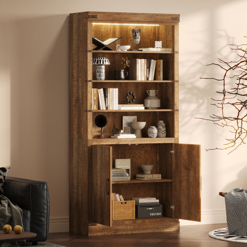 83.4 Inch Tall Walnut Farmhouse Bookshelf with LED Light & Adjustable Shelves Closed Storage Cabinet