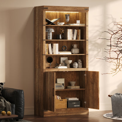 83.4 Inch Tall Walnut Farmhouse Bookshelf with LED Light & Adjustable Shelves Closed Storage Cabinet