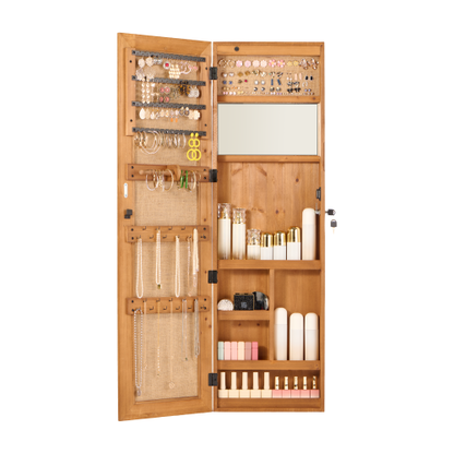 Solid Wood Jewelry Armoire Organizer Cabinet with Full-Length Mirror, 47.5x14.3 in Wall-Mounted Lockable with LED Light