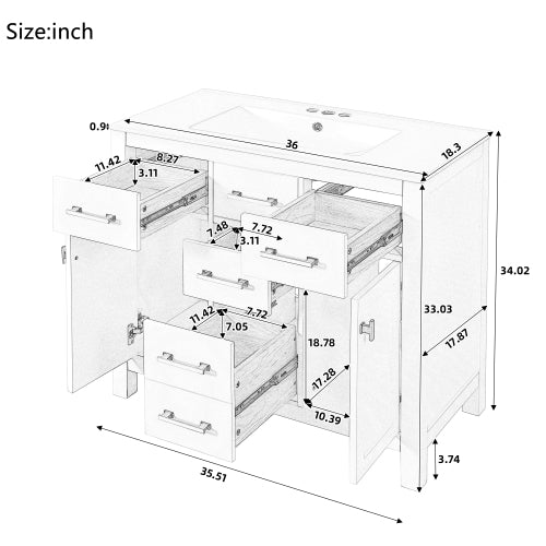 36'' Bathroom Vanity with Ceramic Sink Combo Set,Modern Freestanding Single Bathroom Cabinet with 4 Drawers & 2 Cabinets,Storage Cabinet for Bathroom, Solid Wood Frame Vanity Set, White