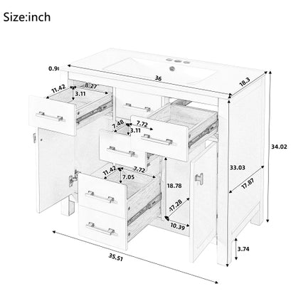 36'' Bathroom Vanity with Ceramic Sink Combo Set,Modern Freestanding Single Bathroom Cabinet with 4 Drawers & 2 Cabinets,Storage Cabinet for Bathroom, Solid Wood Frame Vanity Set, White