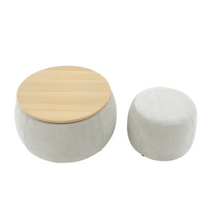 Light Grey Round Pleated Fabric Storage Ottoman with Built-In Stool, 25 inch x25 inch x14.7 inch, 250 LBS Weight Capacity
