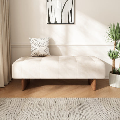 Beige Tufted Rectangular Linen Ottoman Bench, Upholstered Fabric Foot Stool with Rubber Wood Legs for Entryway & Bedroom