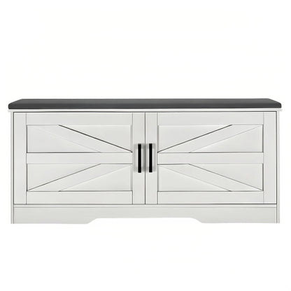 2-Tier Storage Bench, Farmhouse Shoe Bench with Padded Seat Cushion, Entryway Bench with 2 Barn Doors & 2 Adjustable Shelves, 13.75inch  D x 39.4inch  W x 17.72inch  H, for Entryway, Bedroom, Living Room, White