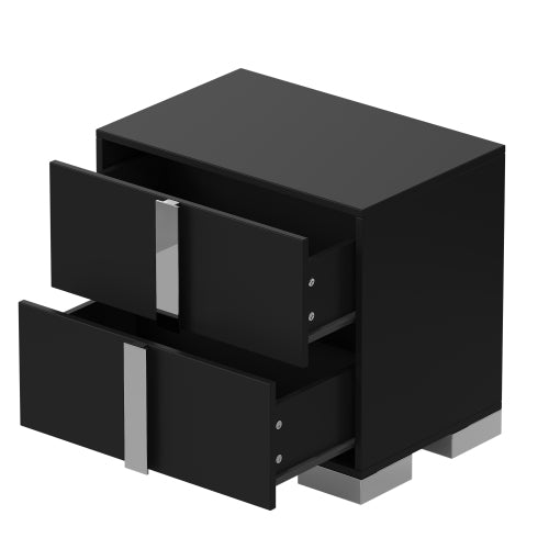 Modern End Table with Drawers, Elegant Nightstand with Metal Foot,Wood Bedside Table with Mirrored Metal Handles,Sofa Side End Table for Bedroom Living Room Office,Black