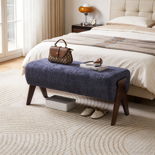 Chenille Upholstered Bench with Solid Wood Legs, Entryway Ottoman