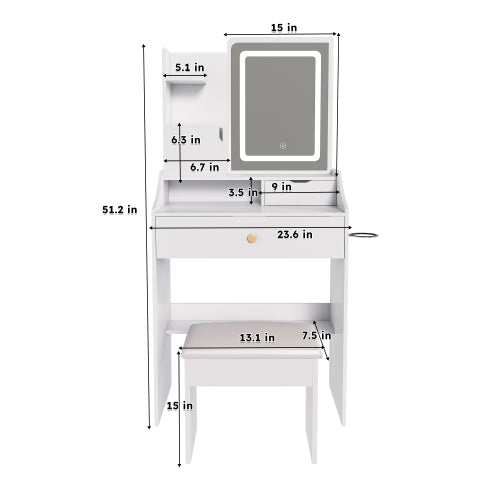 White 3-Color LED Vanity Mirror with Stool, 2 Drawers & 5 Storage Cabinets (4 Open + 1 Hidden), Adjustable Lighting