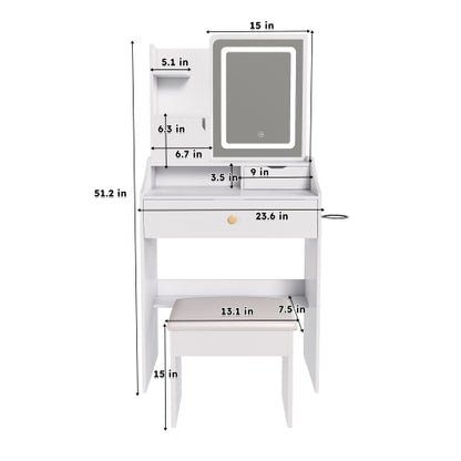 White 3-Color LED Vanity Mirror with Stool, 2 Drawers & 5 Storage Cabinets (4 Open + 1 Hidden), Adjustable Lighting