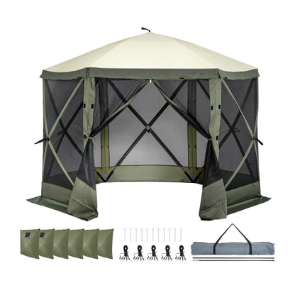 Pop Up Gazebo Tent, Pop-Up Screen Tent 6 Sided Canopy Sun Shelter with 6 Removable Privacy Wind Cloths & Mesh Windows, 10x10FT Quick Set Screen Tent with Mosquito Netting, Army Green
