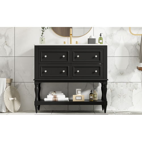 36" Bathroom Vanity Cabinet with Sink Combo Set, Undermount Ceramic Sink, Free Standing Vanity Set with 4 Drawers, Solid Wood Frame Bathroom Cabinet, Black