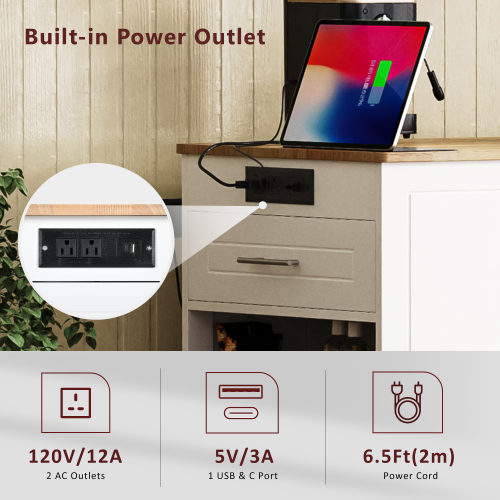 K Fluted Kitchen Island with Trash Can Storage Cabinet, Power Outlet, Internal Storage Rack, Rolling Kitchen Islands on 5 Wheels with 3 Drawer