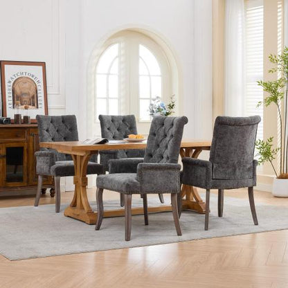 Upholstered Chenille Arm Dining Chair, Tufted Accent Chair with Curved Solid Wood Legs, Gray, Single Pack
