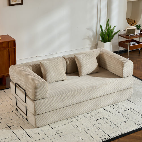 Beige Corduroy Convertible Sleeper Sofa Bed with Cylindrical Pillow