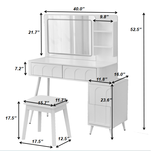 White Modern Vanity Desk Set, Fluted Wave Panel, 3 Color Dimmable LED Mirror, Adjustable Side Cabinet & PU Stool