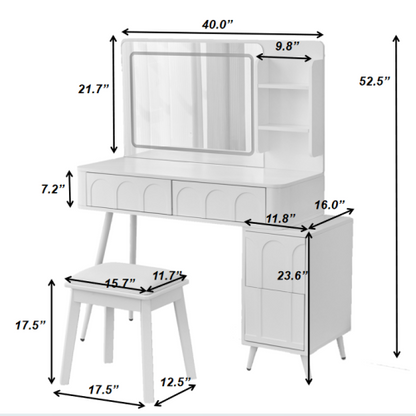 White Modern Vanity Desk Set, Fluted Wave Panel, 3 Color Dimmable LED Mirror, Adjustable Side Cabinet & PU Stool