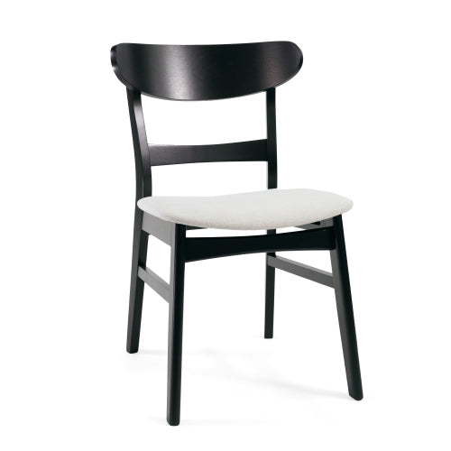 Set of 2 Mid-Century Dining Chairs, Black Rubberwood Splayed Legs with Light Beige Upholstered Cushion