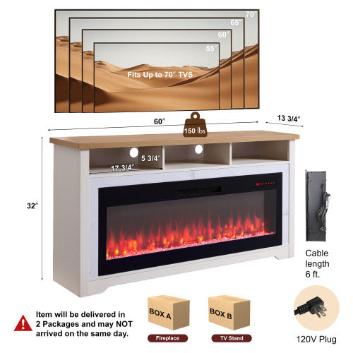 60 inch Fireplace TV Stand for TVs up to 70",with 50"smart Electric Fireplace,white