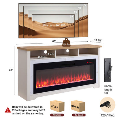 60 inch Fireplace TV Stand for TVs up to 70",with 50"smart Electric Fireplace,white