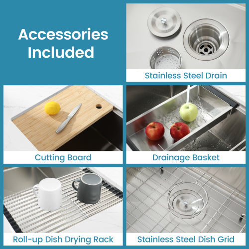 Kitchen Sink 33"x19" Multifunctional undermount Flying Rain Waterfall S304 Stainless Steel Handmade Modern Single Bowl Kitchen Sink Dark Gray