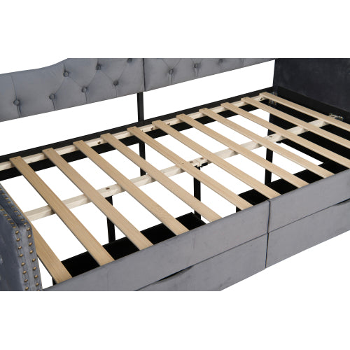 Upholstered Daybed with Storage Drawers, Wood Daybed Twin Size, with USB ports & 2 storage drawers, No Box Spring Needed, Grey