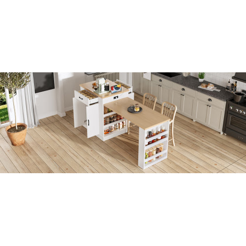 Extendable island console with drawers, double-door cabinet, and open shelving. Serves as dining table, temporary breakfast bar, and afternoon tea lounge,White