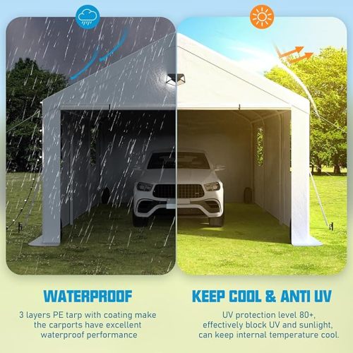 13x25 Carport Canopy, Heavy Duty Car Port, Portable Car Ports Garage with 2 Roll-Up Zipper Drive Through Doors,white