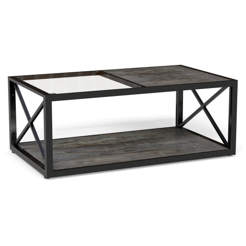 39.37inch  Industrial Coffee Table, Tempered Glass & Wood Grain MDF, X-Frame Metal Base, 220lbs Capacity